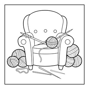 May include: A black and white line art illustration of an armchair featuring three circular buttons on the backrest. Several balls of yarn are positioned on the seat and around the base of the chair, accompanied by knitting needles.