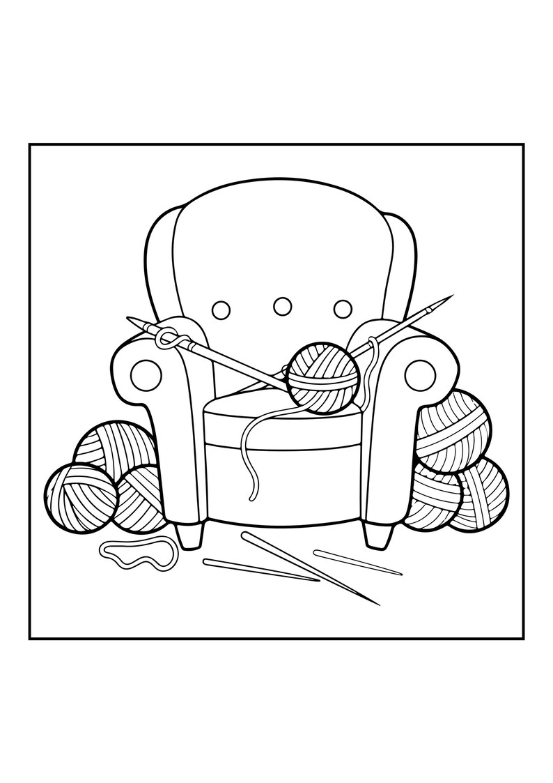 May include: A black and white line art illustration of an armchair featuring three circular buttons on the backrest. Several balls of yarn are positioned on the seat and around the base of the chair, accompanied by knitting needles.