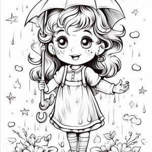 以下が含まれることがあります： 雨の中で傘を差したウェーブヘアのキャラクターの白黒線画イラスト。キャラクターはストラップ付きのドレス、ストライプの靴下、靴を着用しており、星や雨粒が描かれた背景の中で花々の間に立っている様子が描かれています。