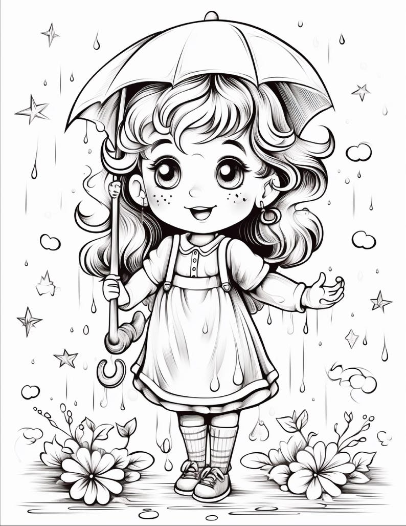 以下が含まれることがあります： 雨の中で傘を差したウェーブヘアのキャラクターの白黒線画イラスト。キャラクターはストラップ付きのドレス、ストライプの靴下、靴を着用しており、星や雨粒が描かれた背景の中で花々の間に立っている様子が描かれています。