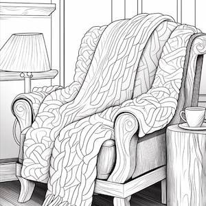 A coloring page of an armchair with a knitted blanket draped over it, next to a side table with a cup and a lamp.