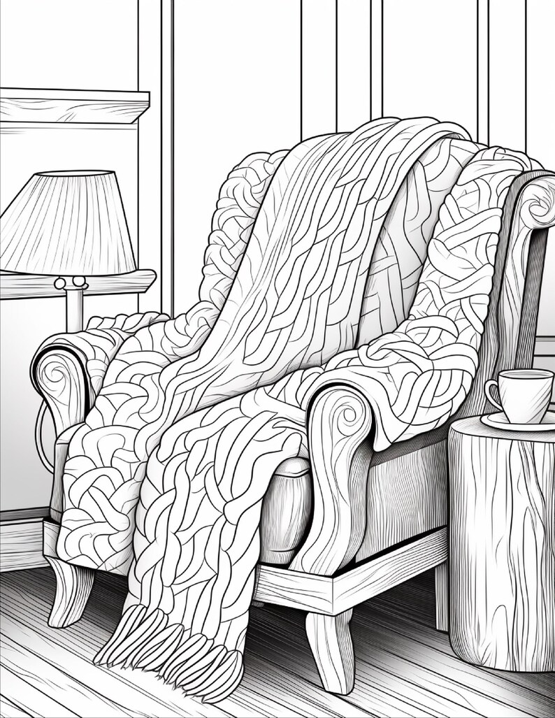 A coloring page of an armchair with a knitted blanket draped over it, next to a side table with a cup and a lamp.