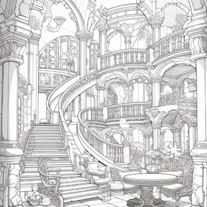 Puede incluir: Una ilustraci&oacute;n de arte lineal en blanco y negro de un gran espacio interior que presenta una escalera curva, m&uacute;ltiples balcones arqueados, columnas de piedra ornamentadas y una mesa redonda central con sillas sobre un suelo de baldosas.
