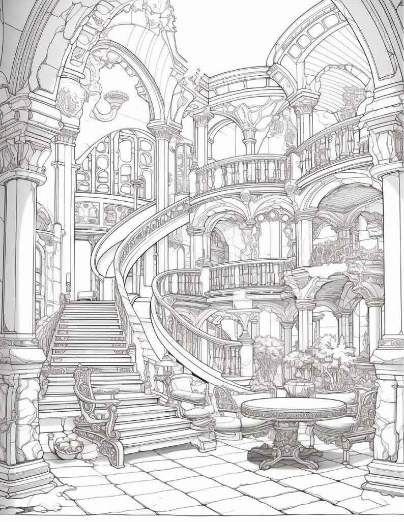 Puede incluir: Una ilustraci&oacute;n de arte lineal en blanco y negro de un gran espacio interior que presenta una escalera curva, m&uacute;ltiples balcones arqueados, columnas de piedra ornamentadas y una mesa redonda central con sillas sobre un suelo de baldosas.