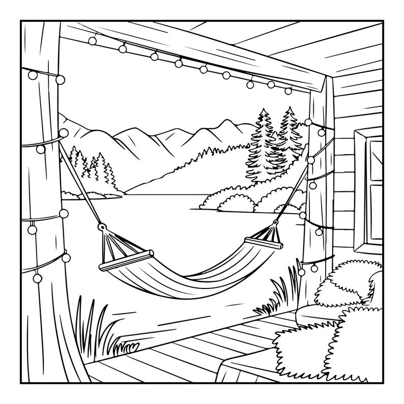 May include: A black and white line art illustration of a hammock suspended between two wooden posts on a porch. The scene features string lights draped across the posts and overhead, overlooking a lake with mountains and pine trees in the distance.