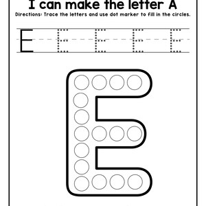 Peut inclure: Une feuille d'exercices &eacute;ducative en noir et blanc intitul&eacute;e I can make the letter A, avec des instructions pour tracer la lettre E et remplir les cercles d'une grande lettre E avec un marqueur, et le texte E is for Elephant en bas.