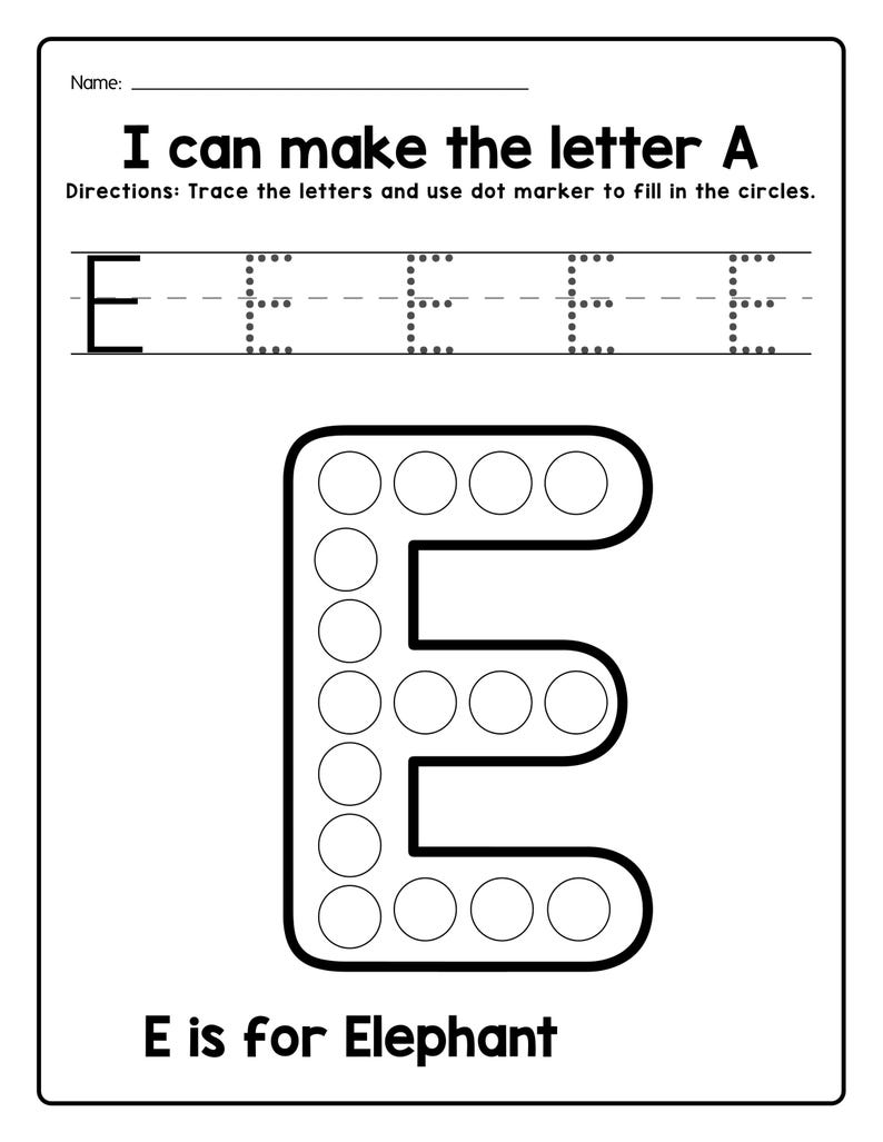 Peut inclure: Une feuille d'exercices &eacute;ducative en noir et blanc intitul&eacute;e I can make the letter A, avec des instructions pour tracer la lettre E et remplir les cercles d'une grande lettre E avec un marqueur, et le texte E is for Elephant en bas.