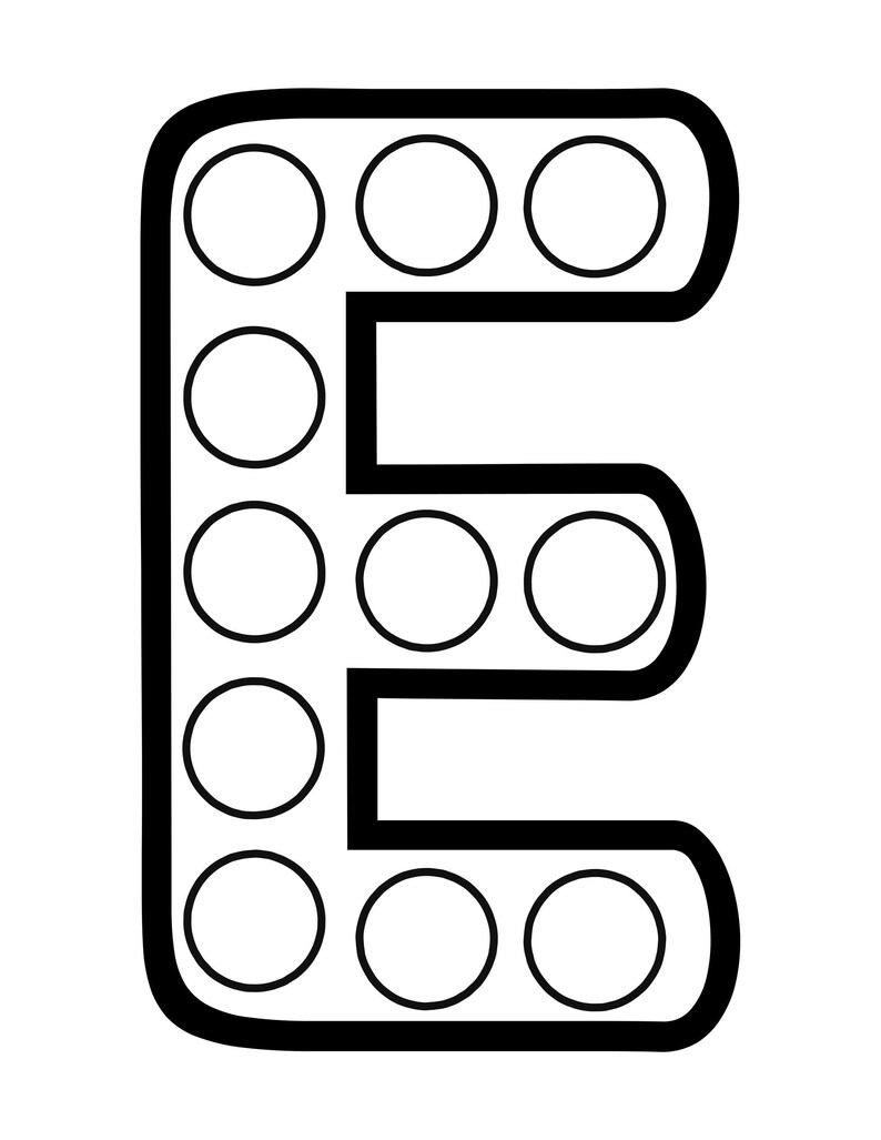 A black and white outline of the uppercase letter E with blank circles arranged along its vertical and horizontal segments.