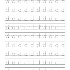 Pode incluir: Uma folha de exerc&iacute;cios educativa branca com nove linhas horizontais da letra min&uacute;scula d. Cada letra &eacute; formada por uma linha tracejada para pr&aacute;tica de caligrafia, com uma linha horizontal s&oacute;lida abaixo de cada fileira de letras.