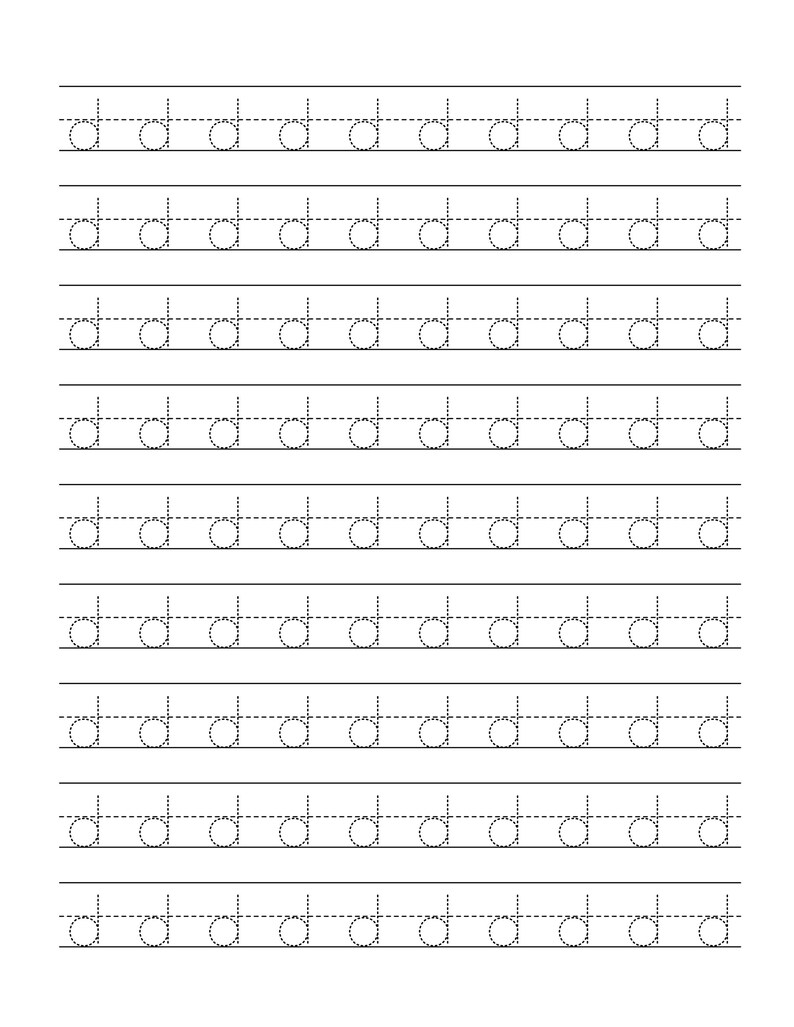 Pode incluir: Uma folha de exerc&iacute;cios educativa branca com nove linhas horizontais da letra min&uacute;scula d. Cada letra &eacute; formada por uma linha tracejada para pr&aacute;tica de caligrafia, com uma linha horizontal s&oacute;lida abaixo de cada fileira de letras.