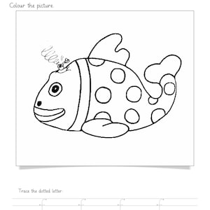 Peut inclure: Une fiche p&eacute;dagogique en noir et blanc intitul&eacute;e Topic: Letter 'f' Worksheet avec des lignes pour le nom de l'&eacute;l&egrave;ve et la date. Elle pr&eacute;sente un dessin au trait d'un poisson &agrave; pois avec un petit jet sur la t&ecirc;te et une ligne de lettres f en pointill&eacute;s.