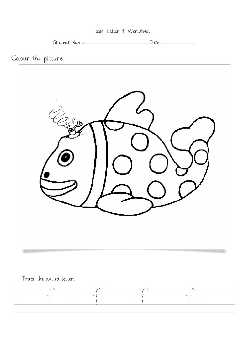 Peut inclure: Une fiche p&eacute;dagogique en noir et blanc intitul&eacute;e Topic: Letter 'f' Worksheet avec des lignes pour le nom de l'&eacute;l&egrave;ve et la date. Elle pr&eacute;sente un dessin au trait d'un poisson &agrave; pois avec un petit jet sur la t&ecirc;te et une ligne de lettres f en pointill&eacute;s.