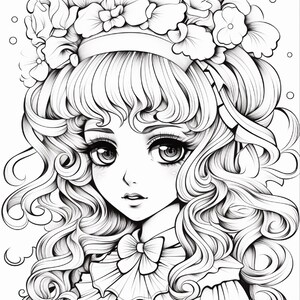 May include: A black and white line art illustration of a character with long, wavy hair and large eyes. The character wears a floral crown made of multiple blossoms and a collared garment featuring a ruffled neckline with a small central bow.