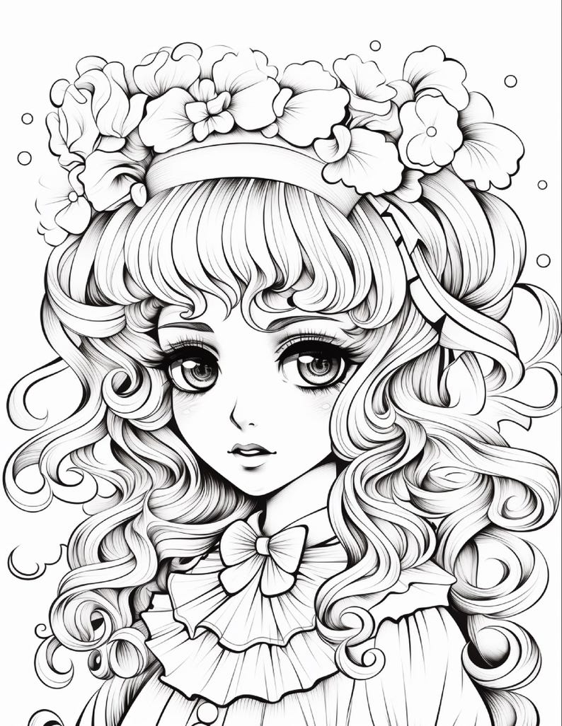 May include: A black and white line art illustration of a character with long, wavy hair and large eyes. The character wears a floral crown made of multiple blossoms and a collared garment featuring a ruffled neckline with a small central bow.