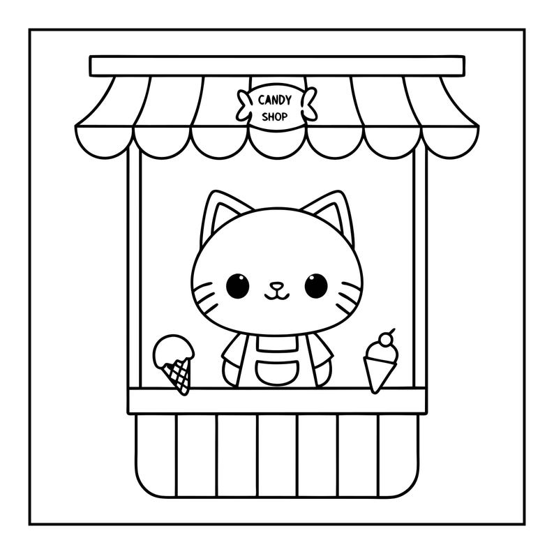K&ouml;nnte beinhalten: Eine schwarz-wei&szlig;e Ausmalvorlage mit Linienzeichnung, die eine Katze mit Sch&uuml;rze in einem kleinen Ladenstand zeigt. Der Laden hat eine gestreifte Markise mit einem Schild, auf dem CANDY SHOP steht. Zwei Eiswaffeln stehen auf dem Tresen.