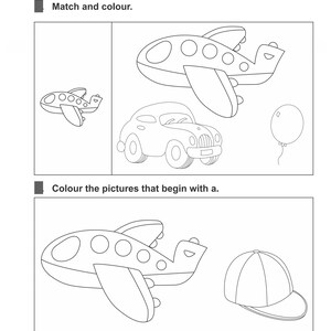 An activity worksheet featuring line-drawing outlines of an aeroplane, car, balloon, and hat.
