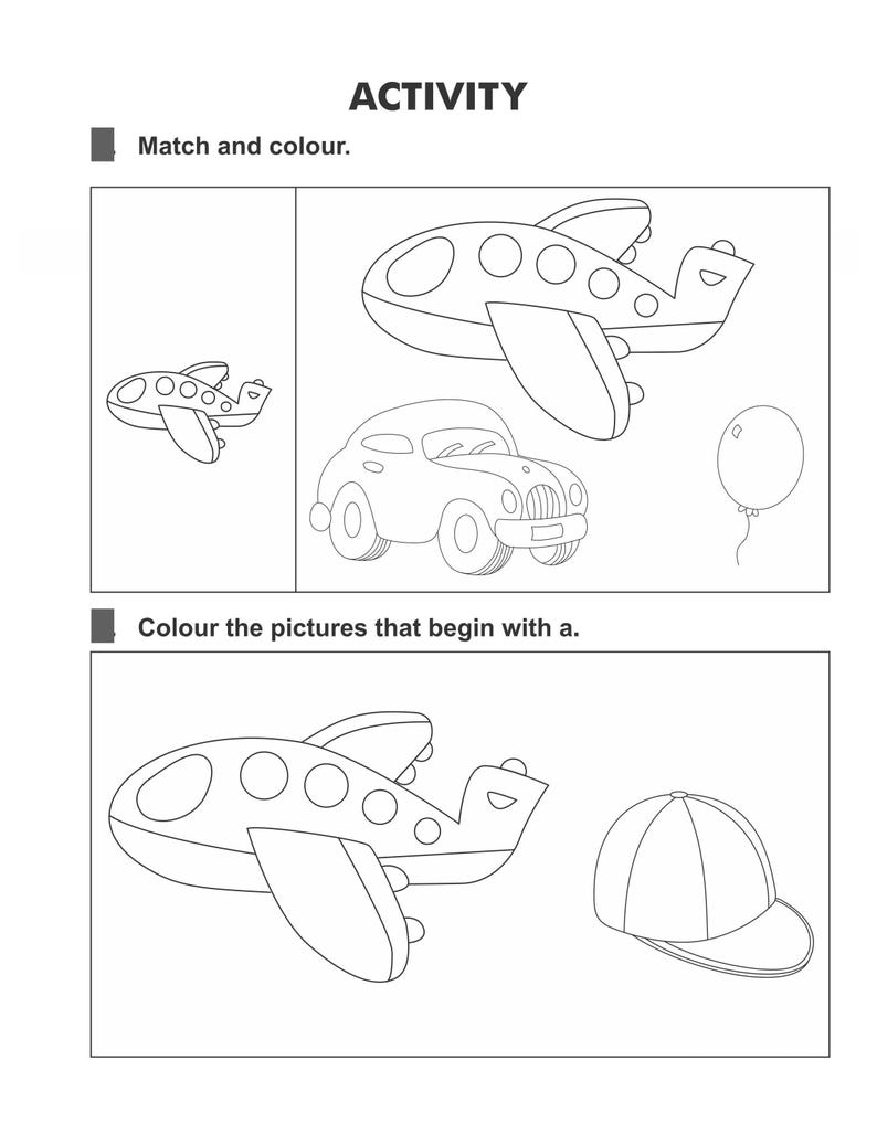 An activity worksheet featuring line-drawing outlines of an aeroplane, car, balloon, and hat.