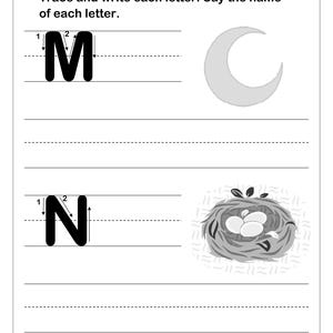 May include: An educational worksheet with the heading Name and the instruction Trace and write each letter. Say the name of each letter. It features the uppercase letters M and N with directional arrows, a crescent moon, and a bird nest with eggs.
