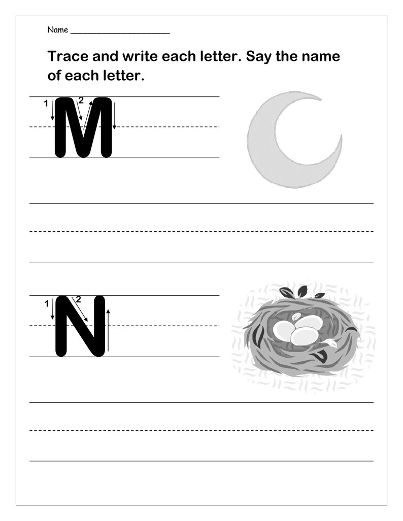 May include: An educational worksheet with the heading Name and the instruction Trace and write each letter. Say the name of each letter. It features the uppercase letters M and N with directional arrows, a crescent moon, and a bird nest with eggs.