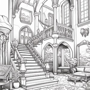 Puede incluir: Una ilustraci&oacute;n en blanco y negro para colorear de un gran vest&iacute;bulo interior que presenta una escalera con barandillas ornamentadas, techos abovedados, ventanas arqueadas, un sof&aacute;, una alfombra estampada y plantas decorativas en macetas.