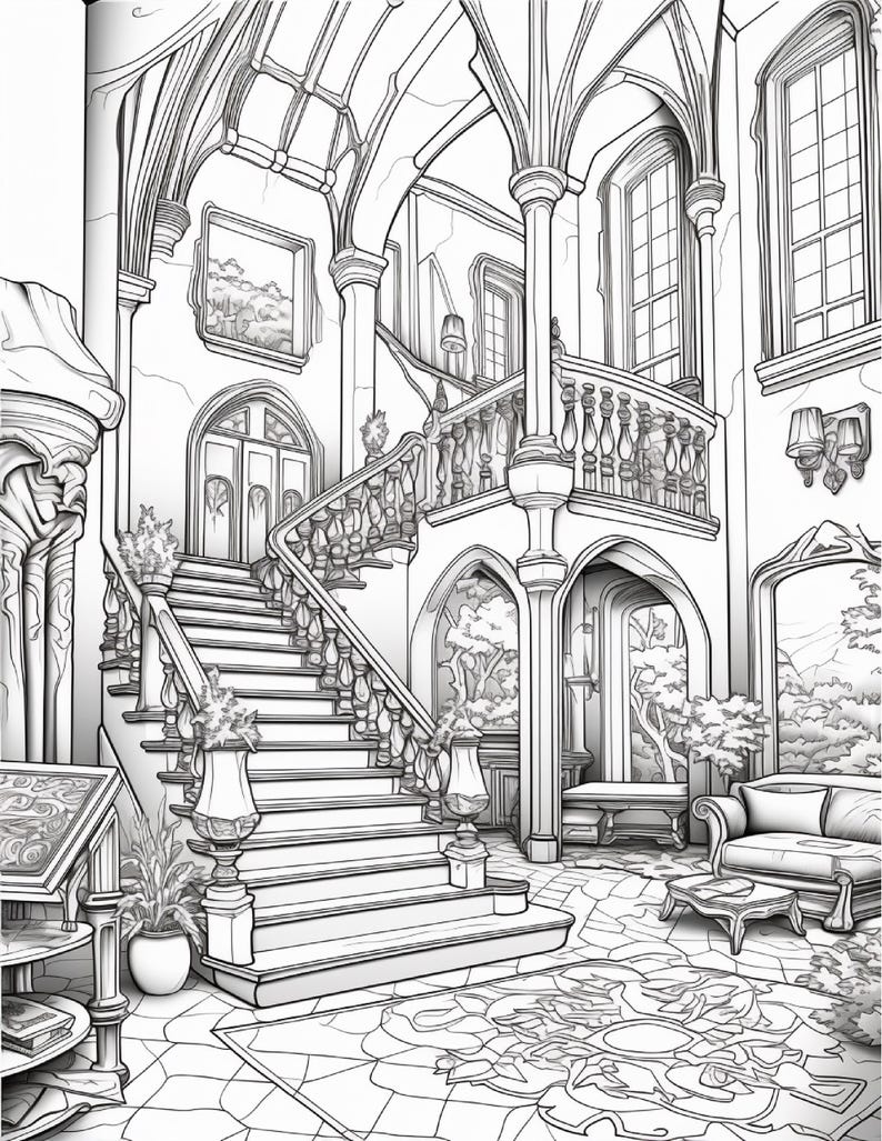 Puede incluir: Una ilustraci&oacute;n en blanco y negro para colorear de un gran vest&iacute;bulo interior que presenta una escalera con barandillas ornamentadas, techos abovedados, ventanas arqueadas, un sof&aacute;, una alfombra estampada y plantas decorativas en macetas.
