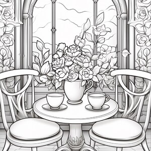 A black and white line art drawing of a table with two cups and saucers, flanked by two chairs, in front of a window with roses.