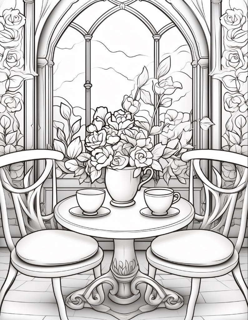A black and white line art drawing of a table with two cups and saucers, flanked by two chairs, in front of a window with roses.