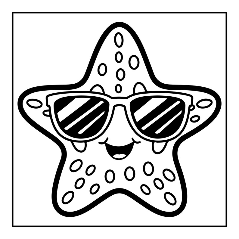 K&ouml;nnte beinhalten: Eine schwarz-wei&szlig;e Strichzeichnung eines f&uuml;nfzackigen Seesterns mit Sonnenbrille. Der Seestern hat ein l&auml;chelndes Gesicht mit offenem Mund und verschiedene ovale Punkte auf seinem K&ouml;rper, die mit kr&auml;ftigen, dicken Linien gezeichnet sind.