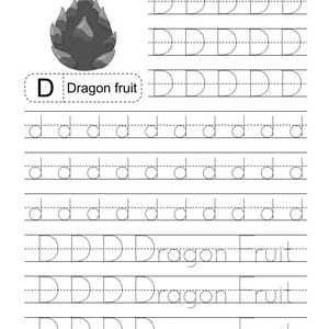 Pode incluir: Uma folha de exerc&iacute;cios educativa em preto e branco para praticar a letra D. Apresenta uma ilustra&ccedil;&atilde;o de uma pitaia, o texto D Dragon fruit e v&aacute;rias linhas pontilhadas para tra&ccedil;ar a letra D mai&uacute;scula, a letra d min&uacute;scula e a palavra Dragon Fruit.