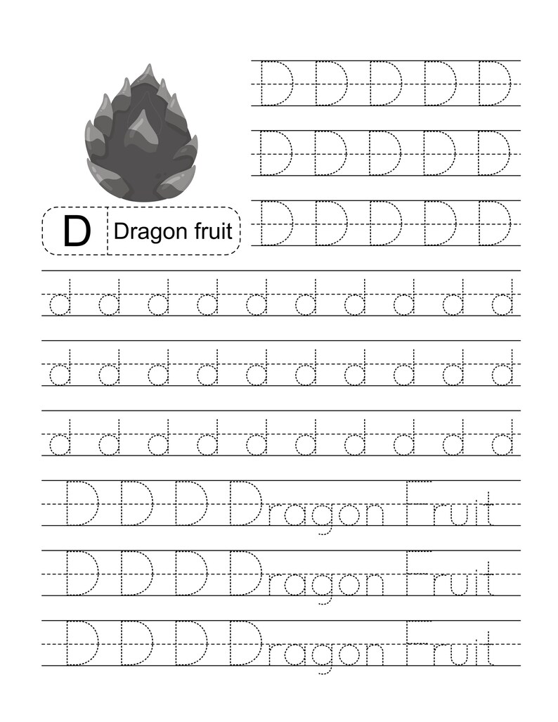 Pode incluir: Uma folha de exerc&iacute;cios educativa em preto e branco para praticar a letra D. Apresenta uma ilustra&ccedil;&atilde;o de uma pitaia, o texto D Dragon fruit e v&aacute;rias linhas pontilhadas para tra&ccedil;ar a letra D mai&uacute;scula, a letra d min&uacute;scula e a palavra Dragon Fruit.