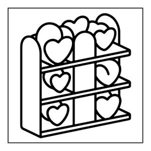 May include: A black and white line art illustration of a three-tiered shelving unit. The shelves are filled with various heart-shaped objects of different sizes, arranged in a grid-like pattern within the open frame of the storage unit.