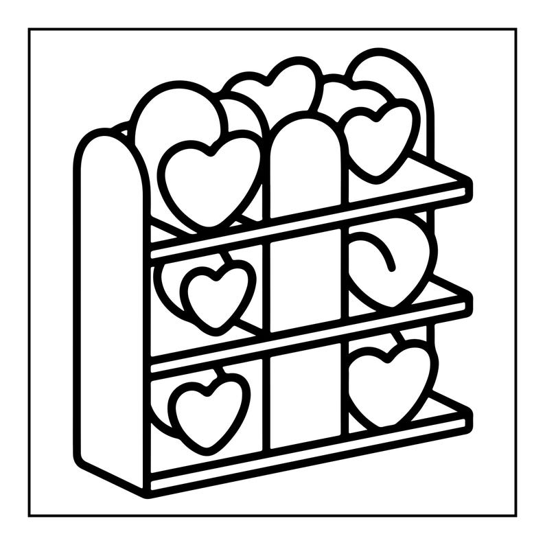 May include: A black and white line art illustration of a three-tiered shelving unit. The shelves are filled with various heart-shaped objects of different sizes, arranged in a grid-like pattern within the open frame of the storage unit.