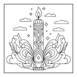 Może przedstawiać: Czarno-biała ilustracja liniowa przedstawiająca centralnie umieszczoną zapaloną świecę ze skomplikowanymi geometrycznymi wzorami. Świeca jest otoczona dużymi, symetrycznymi kształtami przypominającymi skrzydła, złożonymi z płynnych krzywych i motyw&oacute;w serc, w otoczeniu małych chmur i gwiazd.