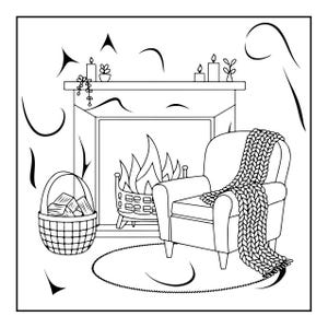 May include: A black and white line art illustration of a cozy living room scene featuring a fireplace with a fire burning inside, a basket filled with logs, an armchair draped with a chunky knit blanket, and candles on the mantelpiece.