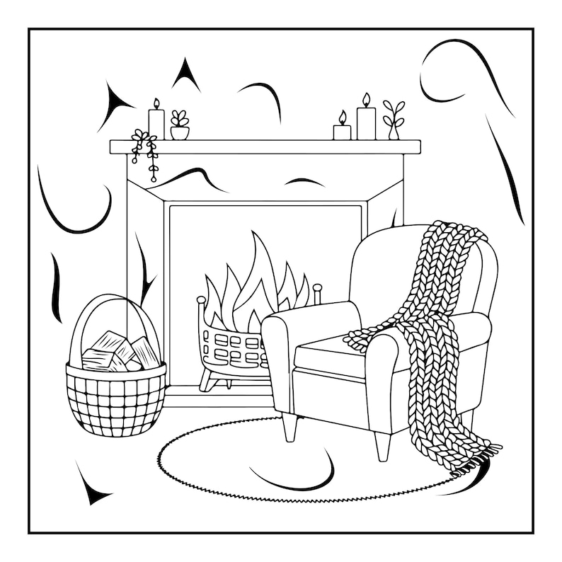 May include: A black and white line art illustration of a cozy living room scene featuring a fireplace with a fire burning inside, a basket filled with logs, an armchair draped with a chunky knit blanket, and candles on the mantelpiece.
