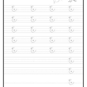 A printable Urdu tracing worksheet featuring dotted practice lines for the letter Chay, accompanied by an outline drawing of a bird in the top right corner.