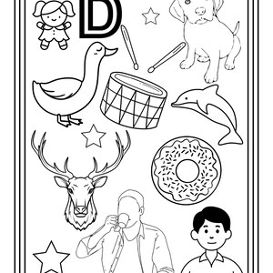 Puede incluir: Una p&aacute;gina para colorear en blanco y negro que presenta la letra D, una mu&ntilde;eca, un pato, un tambor con dos baquetas, un perro, un delf&iacute;n, una cabeza de ciervo, una rosquilla, una persona bebiendo de una taza, una persona y tres estrellas.