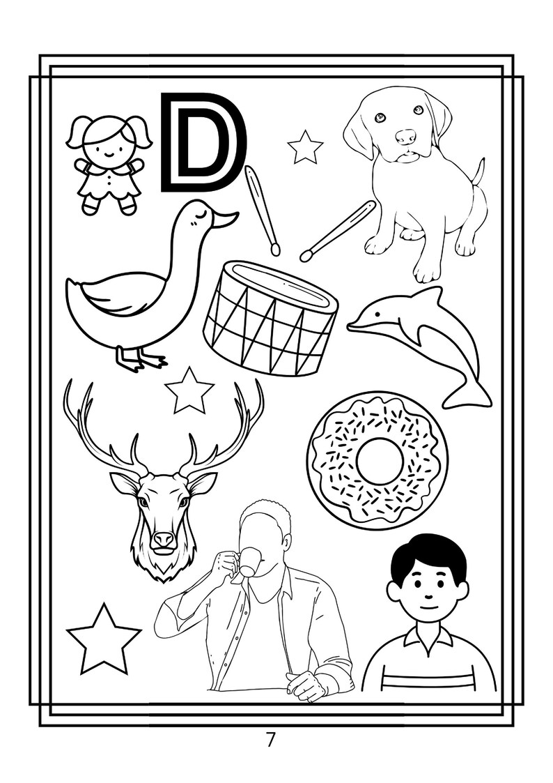 Puede incluir: Una p&aacute;gina para colorear en blanco y negro que presenta la letra D, una mu&ntilde;eca, un pato, un tambor con dos baquetas, un perro, un delf&iacute;n, una cabeza de ciervo, una rosquilla, una persona bebiendo de una taza, una persona y tres estrellas.