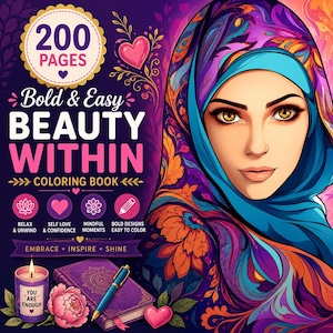 K&ouml;nnte beinhalten: Ein Malbuch mit dem Titel Bold & Easy BEAUTY WITHIN mit 200 Seiten, das eine Person mit einem bunten, floralen Hijab zeigt. Das Cover enth&auml;lt eine violette Kerze mit der Aufschrift YOU ARE ENOUGH, ein Notizbuch und einen Stift.