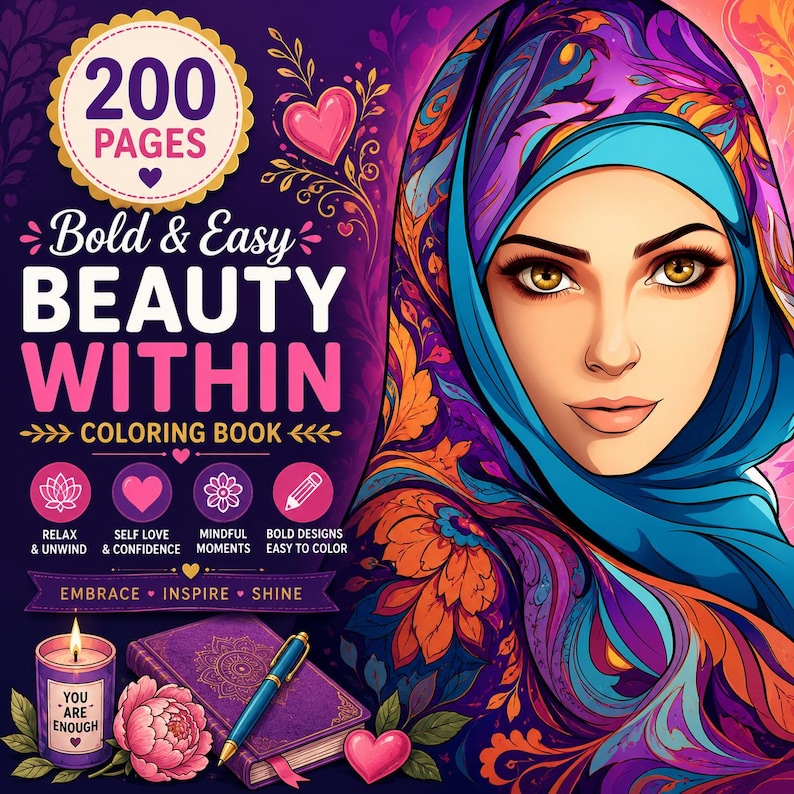 K&ouml;nnte beinhalten: Ein Malbuch mit dem Titel Bold & Easy BEAUTY WITHIN mit 200 Seiten, das eine Person mit einem bunten, floralen Hijab zeigt. Das Cover enth&auml;lt eine violette Kerze mit der Aufschrift YOU ARE ENOUGH, ein Notizbuch und einen Stift.