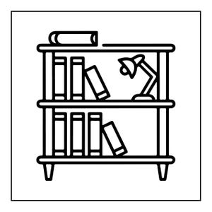 May include: A black and white line art icon of a two-shelf bookcase. The top shelf holds three upright books, one tilted book, and a desk lamp. The bottom shelf contains three upright books and one tilted book. The unit has four short legs.