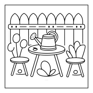 A black and white line art coloring page showing a small table with two chairs and a watering can, in front of a picket fence.