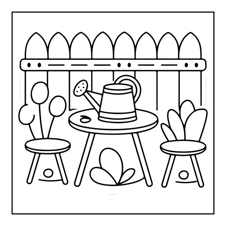 A black and white line art coloring page showing a small table with two chairs and a watering can, in front of a picket fence.