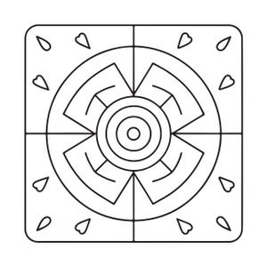 May include: A square graphic design featuring a central circle with concentric rings, surrounded by four symmetrical geometric shapes that form a cross pattern. The corners of the square contain small, teardrop-shaped outlines on a white background.
