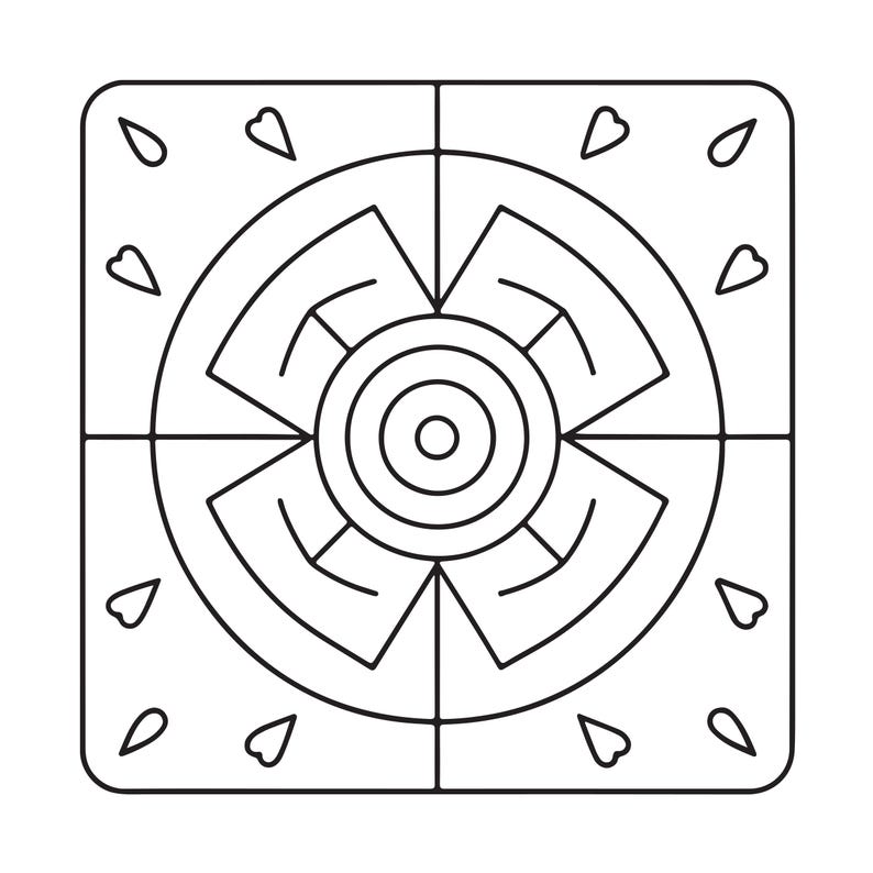 May include: A square graphic design featuring a central circle with concentric rings, surrounded by four symmetrical geometric shapes that form a cross pattern. The corners of the square contain small, teardrop-shaped outlines on a white background.