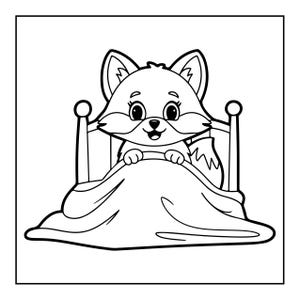 May include: A black and white line art illustration of a cartoon fox with large eyes and pointed ears tucked into a bed. The fox is positioned upright with its front paws resting on the edge of a blanket that covers the lower portion of the bed frame.