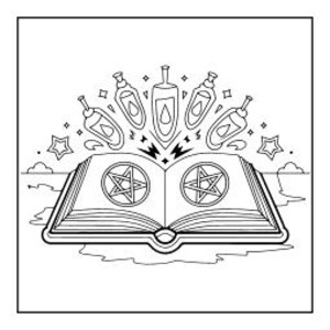 Może przedstawiać: Czarno-biała ilustracja liniowa przedstawiająca otwartą księgę z symbolem pentagramu na każdej stronie. Pięć butelek z miksturami jest ułożonych w wachlarz nad książką, w otoczeniu małych gwiazdek i błysk&oacute;w, na tle prostej linii horyzontu.