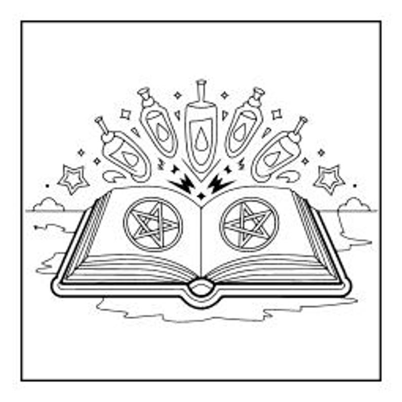 Może przedstawiać: Czarno-biała ilustracja liniowa przedstawiająca otwartą księgę z symbolem pentagramu na każdej stronie. Pięć butelek z miksturami jest ułożonych w wachlarz nad książką, w otoczeniu małych gwiazdek i błysk&oacute;w, na tle prostej linii horyzontu.