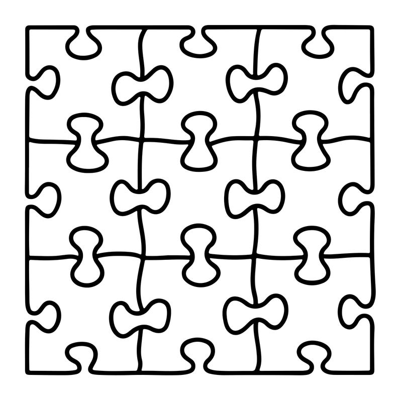 May include: A square puzzle composed of nine individual pieces arranged in a three-by-three grid. Each piece features a distinct interlocking shape with rounded tabs and blanks, outlined in a bold black line against a white background.