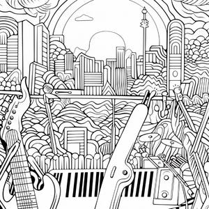 May include: A black and white line art coloring page featuring a musical stage setup with an electric guitar, a keyboard, and drum components in the foreground. The background displays a stylized cityscape with tall buildings and a sun.